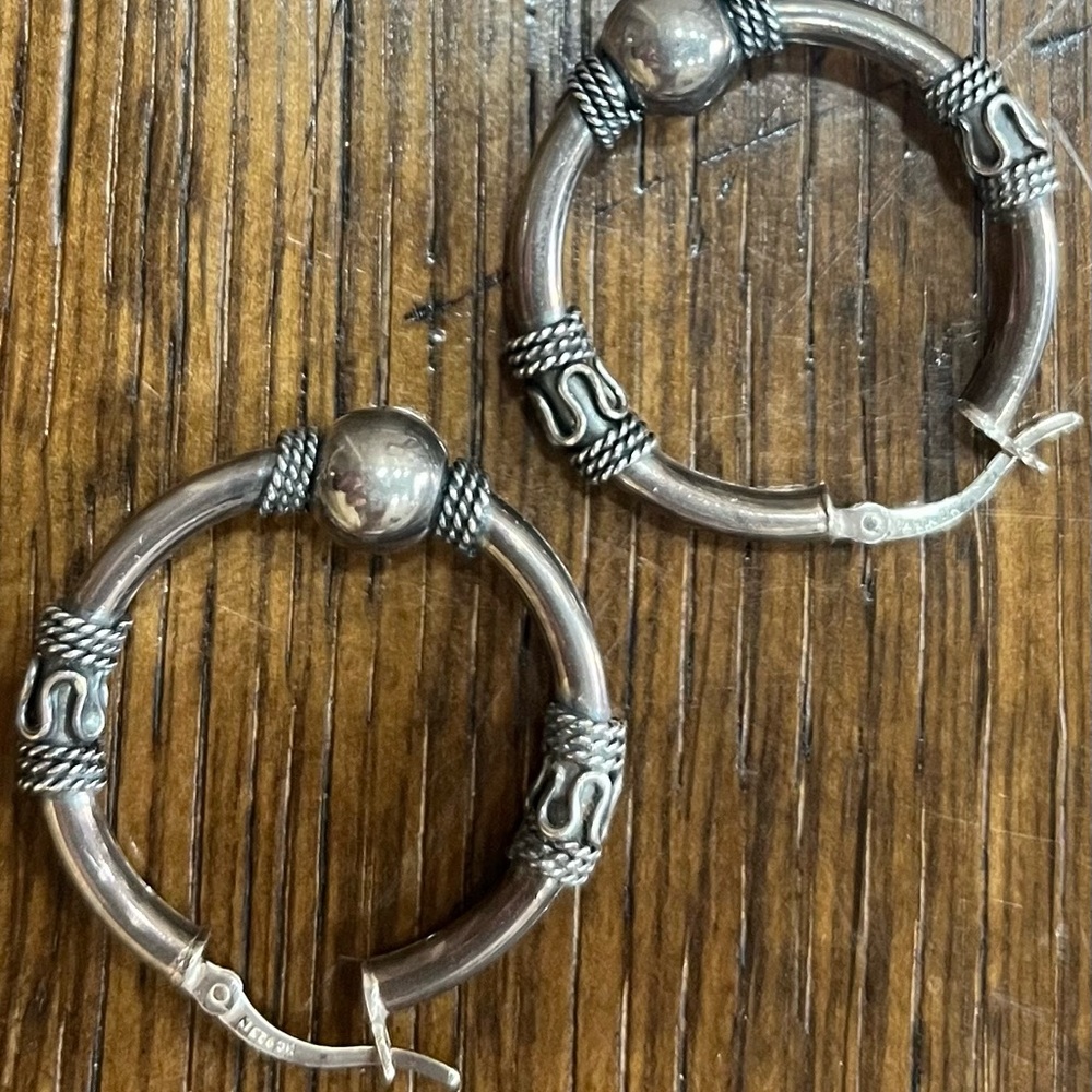 Oxidized Sterling  Hoop Earrings MC 925 Bali Style Rope & Bead-6.8g